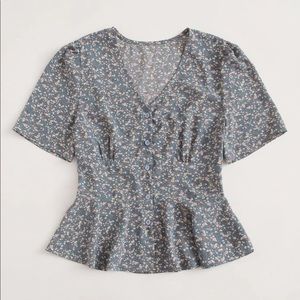 Floral V-neck Puff Sleeve Peplum Blouse